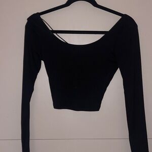 Black ribbed long sleeve open back crop top